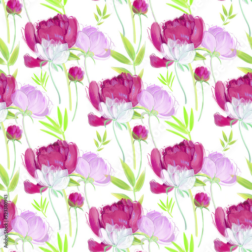 seamless pattern with flowers. Watercolor seamless botanical pattern. Hand drawn opulent blossom peonies with foliage. Floral background in vintage style.