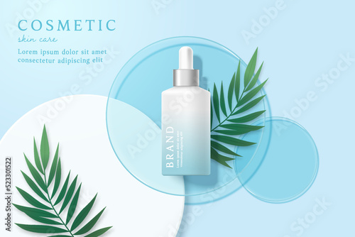 Cosmetics and skin care product ads template on blue background with leaves.