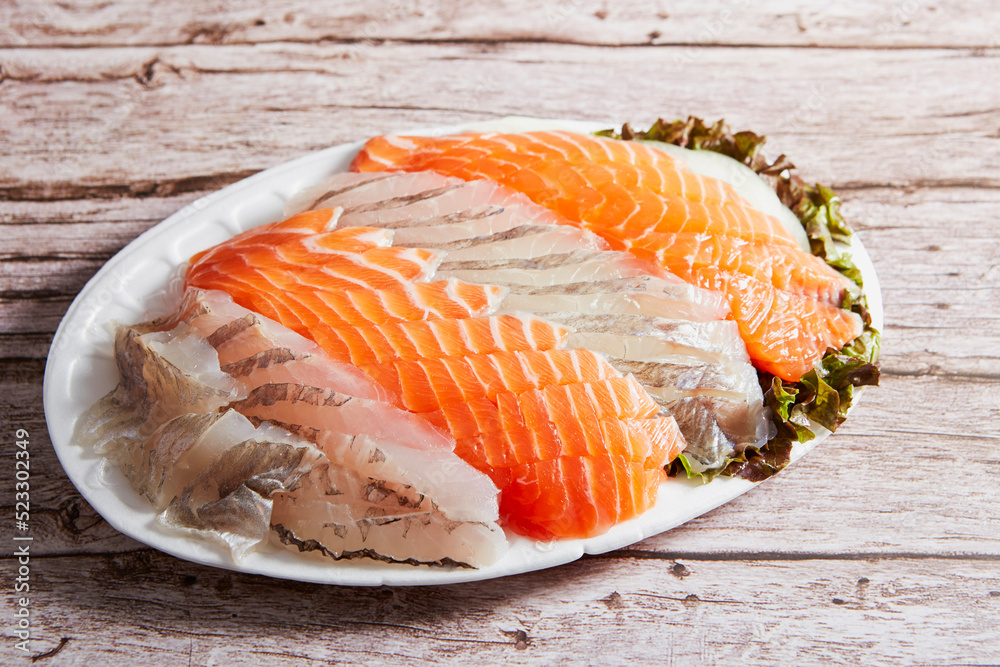 Fresh salmon sashimi and white fish sashimi Fresh salmon sashimi and white fish sashimi