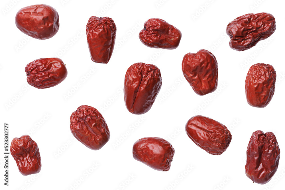 Dried Chinese dates isolated on white background. View from above. Top view. Dried Chinese dates isolated on white background. View from above. Top view.