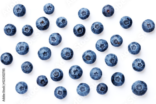 Pattern of blueberries on a white background with a shadow. View from above. Top view.