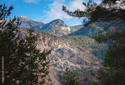 Butterfly Valley (kelebekler vadisi) in city of Oludeniz Fethiye in western Turkey. walk along famous Lycian Way, view of Mount Babadag