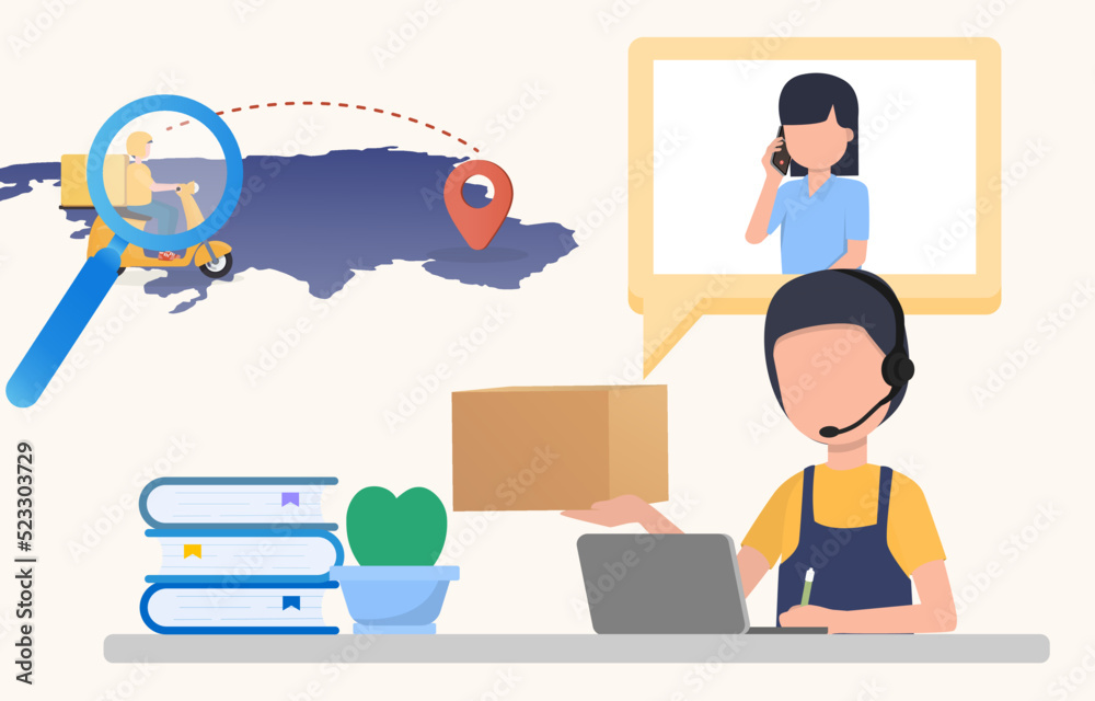 Call center coordinator between customers and the company's products. Help tracking customers' products. Searching location delivery man. EPS10 vector illustration. Call center coordinator between customers and the company's products. Help tracking customers' products. Searching location delivery man. EPS10 vector illustration.