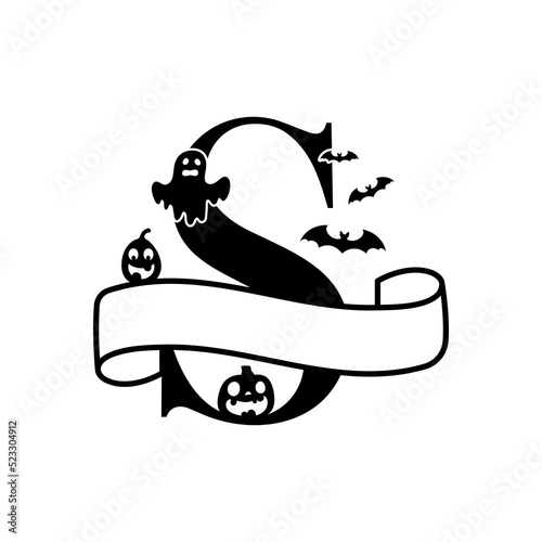 Cute Halloween letter S split monogram. Cartoon ghost, pumpkin, bat for kids t-shirt, nursery decoration, baby shower, greeting card, invitation, scrapbooking, home decor. Vector stock illustration.