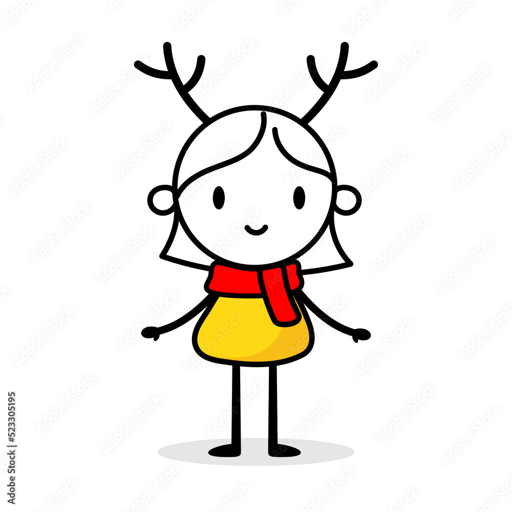 Woman stands in red scarf and deer horns. Cartoon Christmas character concept. Isolated vector stock illustration Woman stands in red scarf and deer horns. Cartoon Christmas character concept. Isolated vector stock illustration
