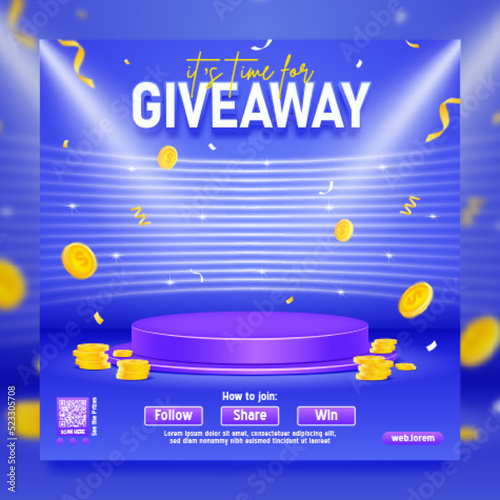 Giveaway template with podium and spotlight, flying golds coin, neon line background