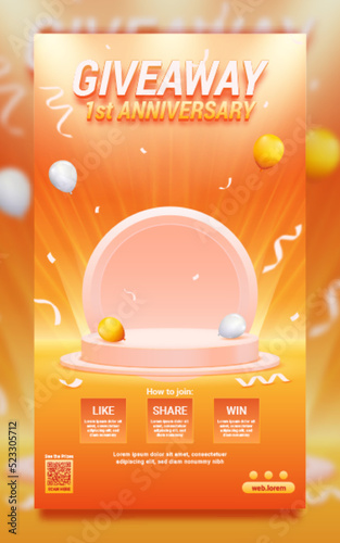Giveaway anniversary with podium on spotlight background poster and stories social media template