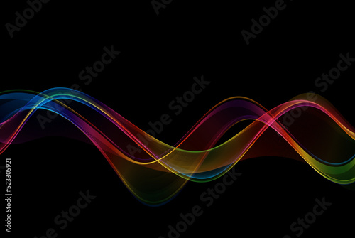 Abstract black background with curved wavy transparent multicolored wave. Template for design presentation, flyer, postcard, web page.
