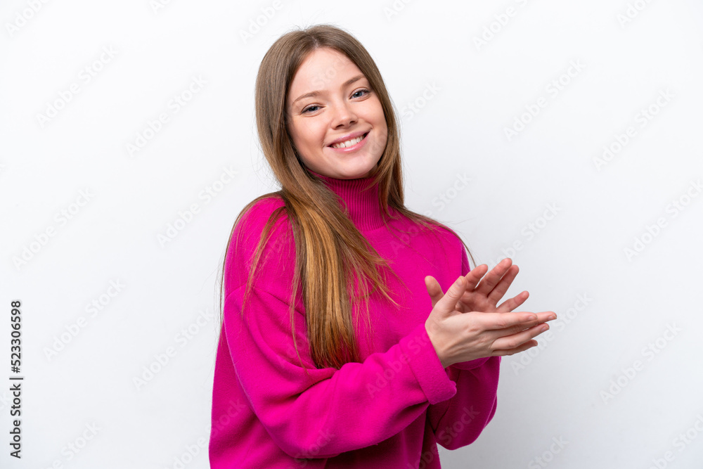 Young caucasian woman isolated on white background applauding Young caucasian woman isolated on white background applauding