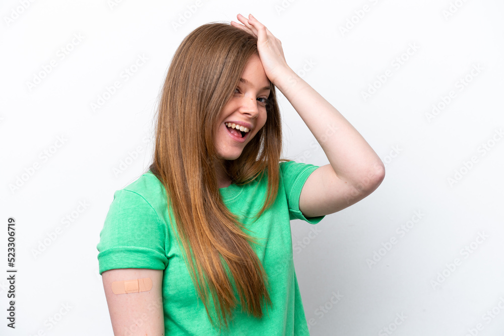 Young caucasian woman wearing a band aids isolated on white background has realized something and intending the solution Young caucasian woman wearing a band aids isolated on white background has realized something and intending the solution