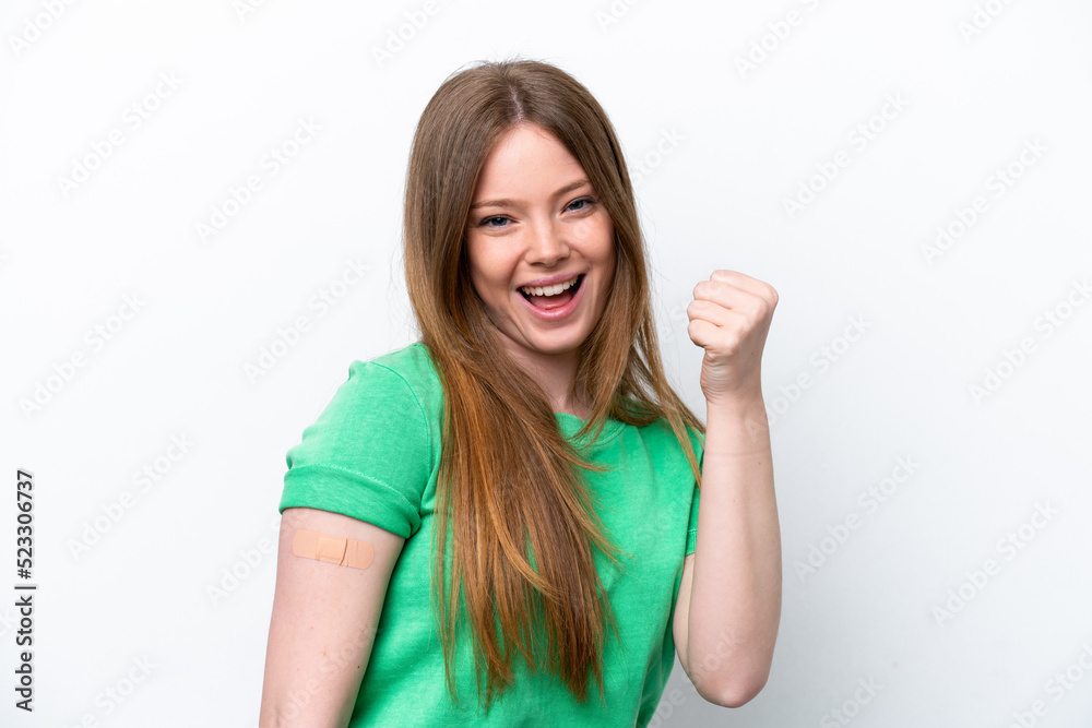 Young caucasian woman wearing a band aids isolated on white background celebrating a victory Young caucasian woman wearing a band aids isolated on white background celebrating a victory
