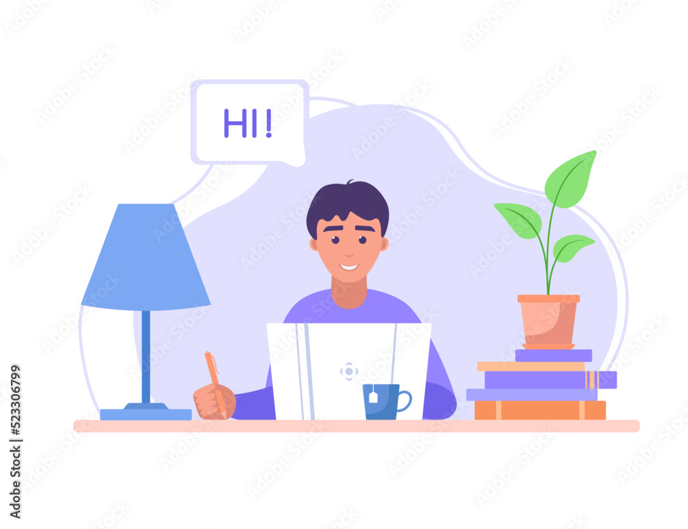 Man video call by laptop. Male character speaking. Businessman with laptop. Vector illustration Man video call by laptop. Male character speaking. Businessman with laptop. Vector illustration