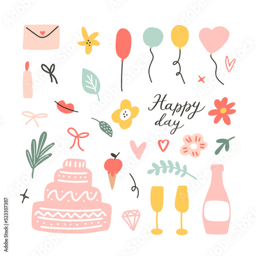 Big set of pink graphic elements for Wedding, Birthday party on a white background. Hand drawn flat vector illustrations. Ideal for prints, sublimation, greeting card, invitation., baby shower.