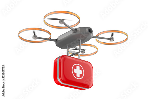 Drone with first aid kit on white background. Isolated 3d illustration