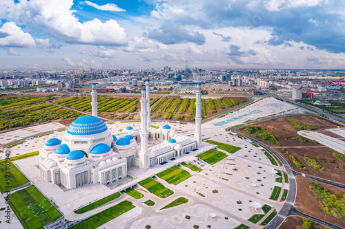 Nur-Sultan, Kazakhstan - August 8, 2022: largest mosque in Central Asia, Astana Aerial drone view