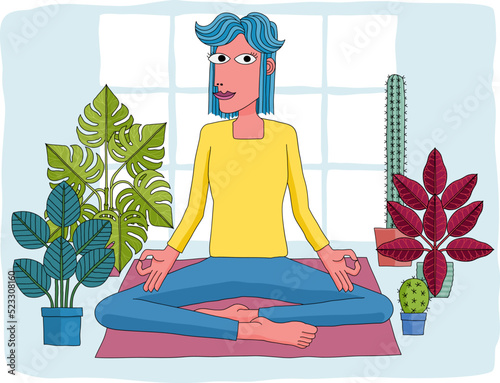 Woman Meditating Doing Yoga Pilates Illustration