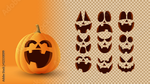 3d pumpkin with set of scary faces. Set of pumpkin faces for decoration of Halloween. Vector 3d illustration with creepy eyes and smiles isolated on checkered background.