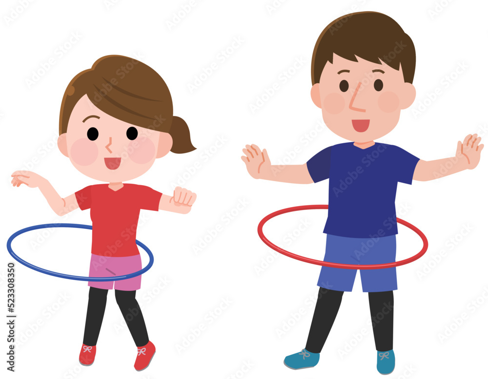 フラフープをする男性と女性　イラスト