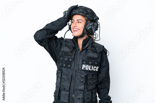 SWAT caucasian woman isolated on white background has realized something and intending the solution
