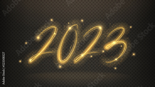 2023 Happy New Year banner. Number 2023 written with sparkling sparklers isolated on checkered background. Glowing template for holiday greeting card, banners and poster. 2023 sparkling sign.