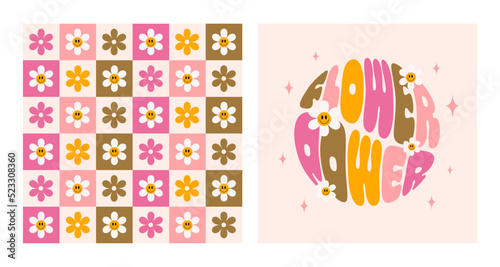 Retro set flower power slogan with smiling flowers in round shape and checkered seamless pattern. Trendy groovy print design in hippie style 60s, 70s. Vector illustration. Pastel colors