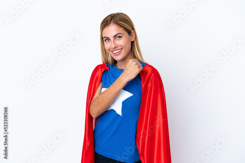 Super Hero caucasian woman isolated background celebrating a victory