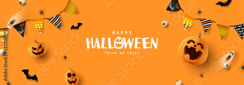 Happy Halloween horizontal banner. Orange festive banner with 3d spooky pumpkins, candy eyes, paper bats, spiders and garlands. Vector illustration. Happy Halloween holiday banner.