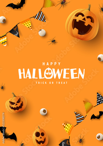 Happy Halloween holiday poster. Orange festive banner with 3d spooky pumpkins, candy eyes, paper bats, spiders and garlands. Vector illustration. Happy Halloween holiday banner.