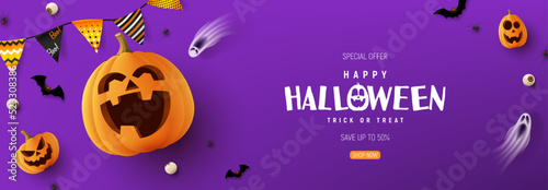 Happy Halloween horizontal banner. Purple festive banner with 3d spooky pumpkins, ghosts, candy eyes, paper bats, spiders and garlands. Vector illustration. Happy Halloween holiday banner.