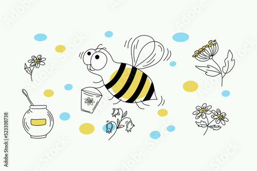 Bee, flowers, honey. Set of colored vector icons in doodle style. Insect bee with a bucket. Honey in a pot. Isolated background. Vector illustration.	