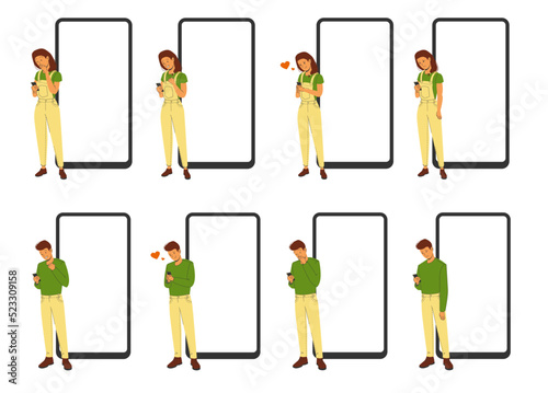 Phone templates and next to a woman or man with different emotions. Vector set