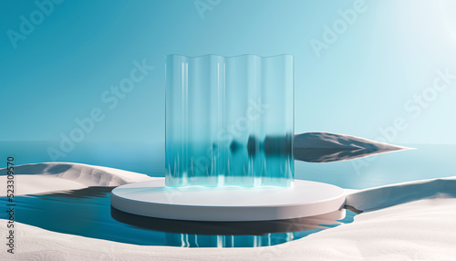 Fototapeta Naklejka Na Ścianę i Meble -  3d render round platform on water and sand with glass wall panels. Minimal landscape mockup for product showcase banner in blue colors. Modern promotion mock up. Geometric background with empty space.