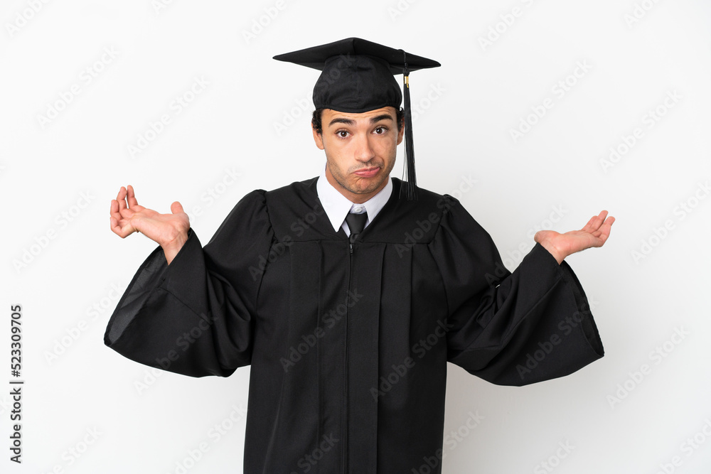 Young university graduate over isolated white background having doubts while raising hands Young university graduate over isolated white background having doubts while raising hands