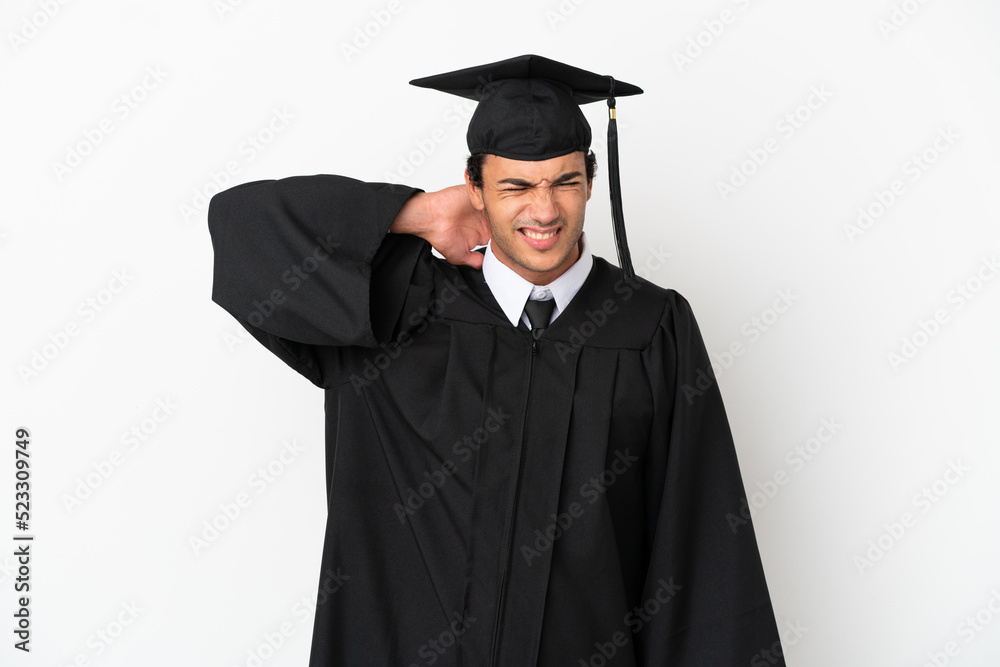Young university graduate over isolated white background with neckache Young university graduate over isolated white background with neckache