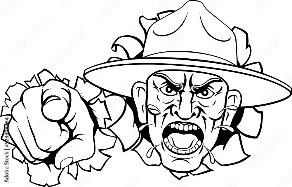 An angry army bootcamp drill sergeant soldier pointing at the viewer and shouting cartoon An angry army bootcamp drill sergeant soldier pointing at the viewer and shouting cartoon