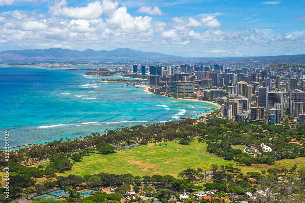 Aerial view of honolulu in Oahu, Hawaii, US