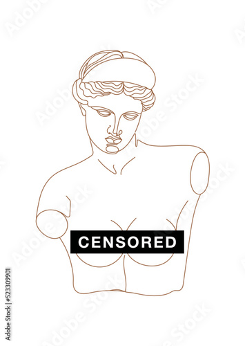 Ancient greek sculpture with censored sign. Greek statue of Aphrodite. Censored stamp. Vector illustration.