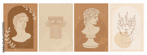 Set of abstract vertical posters with Michelangelo's David portrait, abstract shapes, column, amphora, mystical elements and plants. David one line art. Vector design.