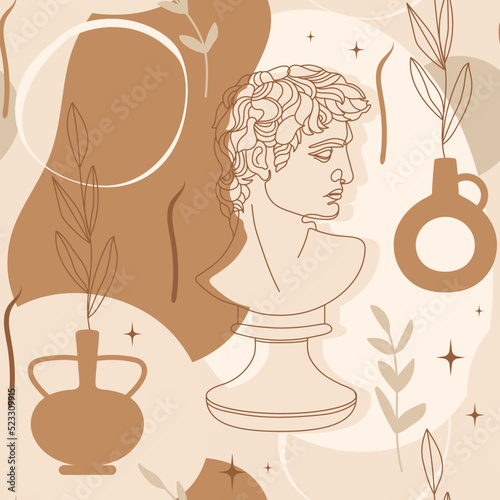 Seamless pattern with antique sculpture of Michelangelo's David portrait, abstract terracotta shape, plants, sun, amphora and olive branch. Vector illustration for wrapping paper, wallpaper etc.