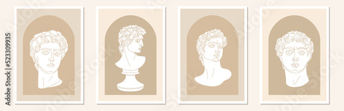 Set of abstract vertical minimal posters with Michelangelo's David portrait and geometric shape. David one line art. Vector design.