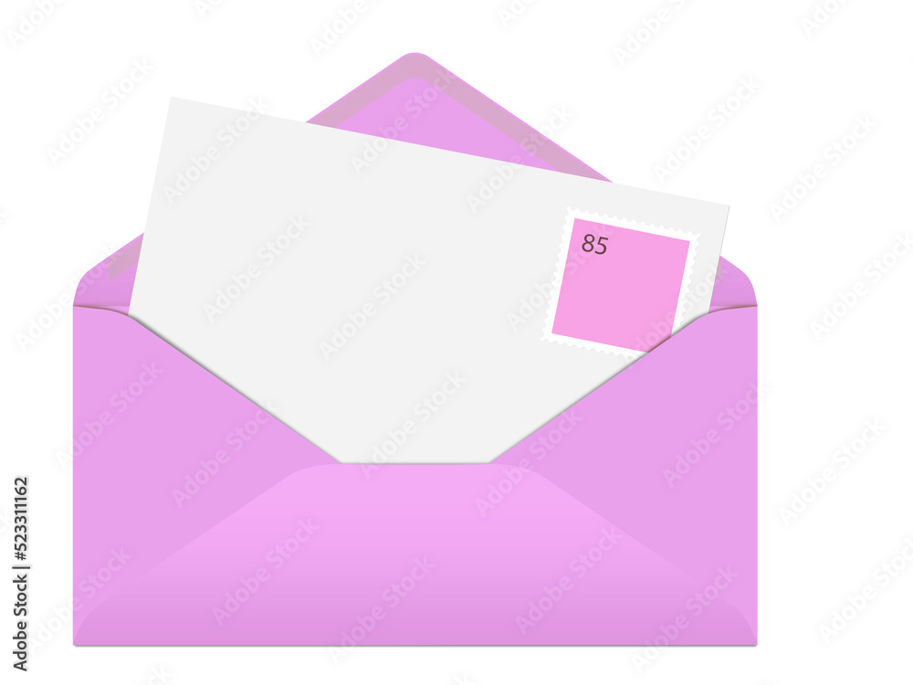 Briefumschlag mit leerer Karte und Briefmarke vor weißem Hintergrund, isoliert, 3D-Illustration Briefumschlag mit leerer Karte und Briefmarke vor weißem Hintergrund, isoliert, 3D-Illustration