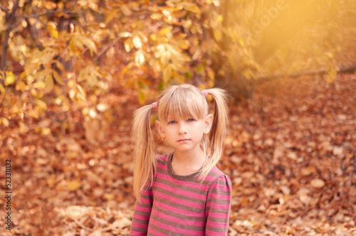 Portrait of a beautiful girl in the autumn park. Cute child with blond hair.