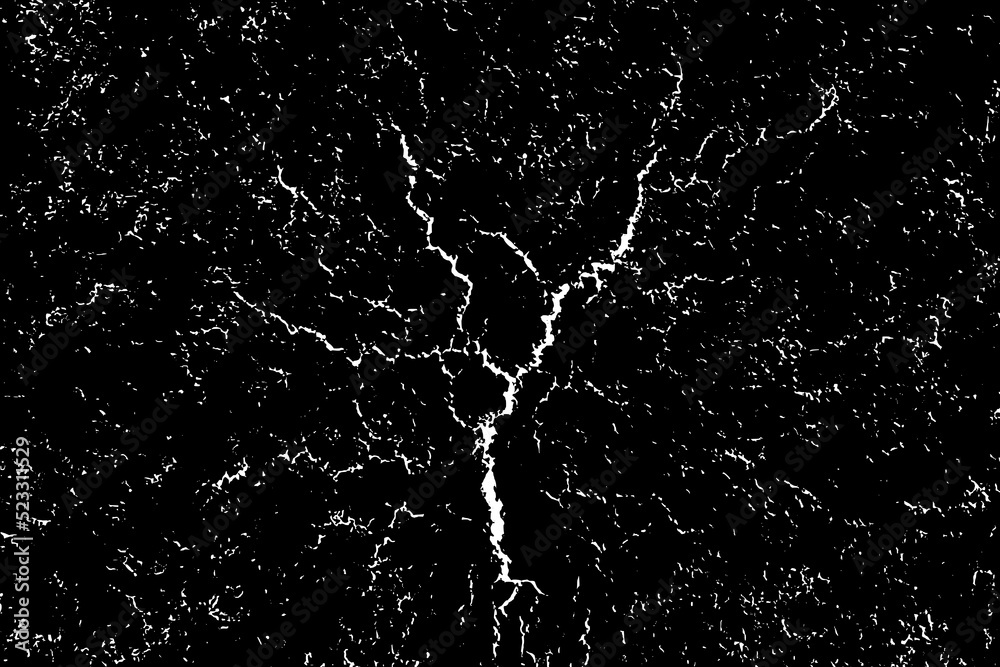 Cracks overlay textured. Distressed white texture. Milky grainy texture on black background. Grain noise particles. Rusted white effect. Grunge design elements. Vector illustration, EPS 10.