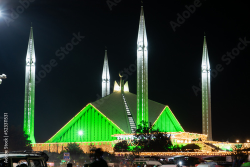 Faisal Mosque Islamabad night view on 14th August 2022 at Independance day of Pakistan photo
