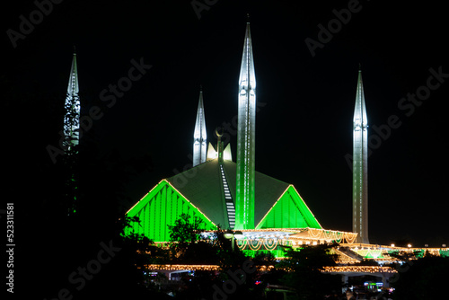 Faisal Mosque Islamabad night view on 14th August 2022 at Independance day of Pakistan photo