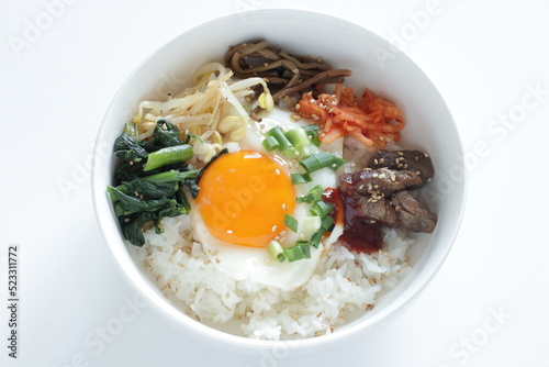 Korean food, namul assorted seasoning vegetable with sunny side up fried egg and gochujang