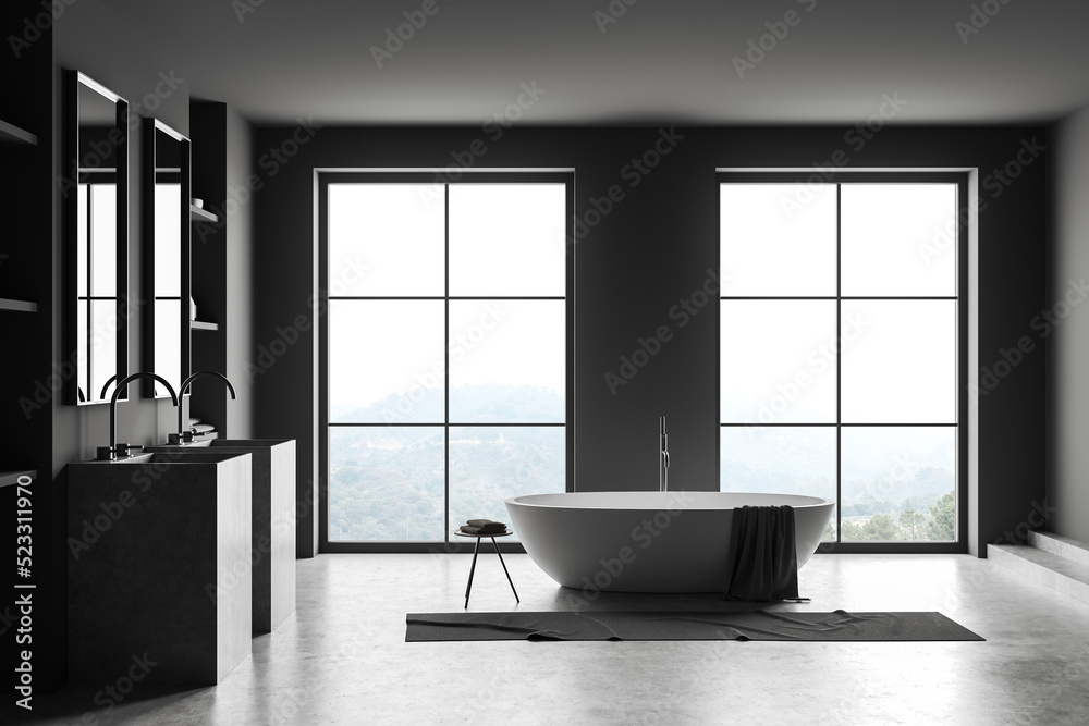 Grey bathroom interior with sink and tub, panoramic window Grey bathroom interior with sink and tub, panoramic window