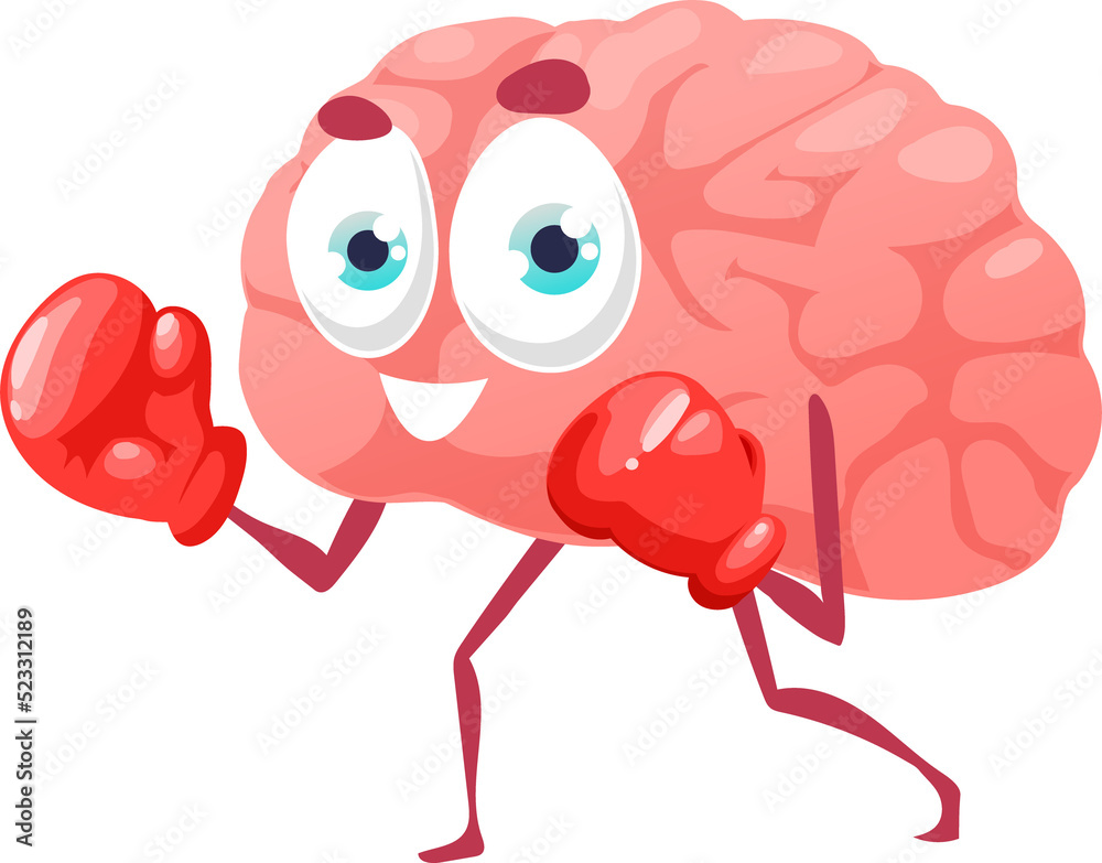 Cartoon brain in boxing gloves isolated character Stock Illustration