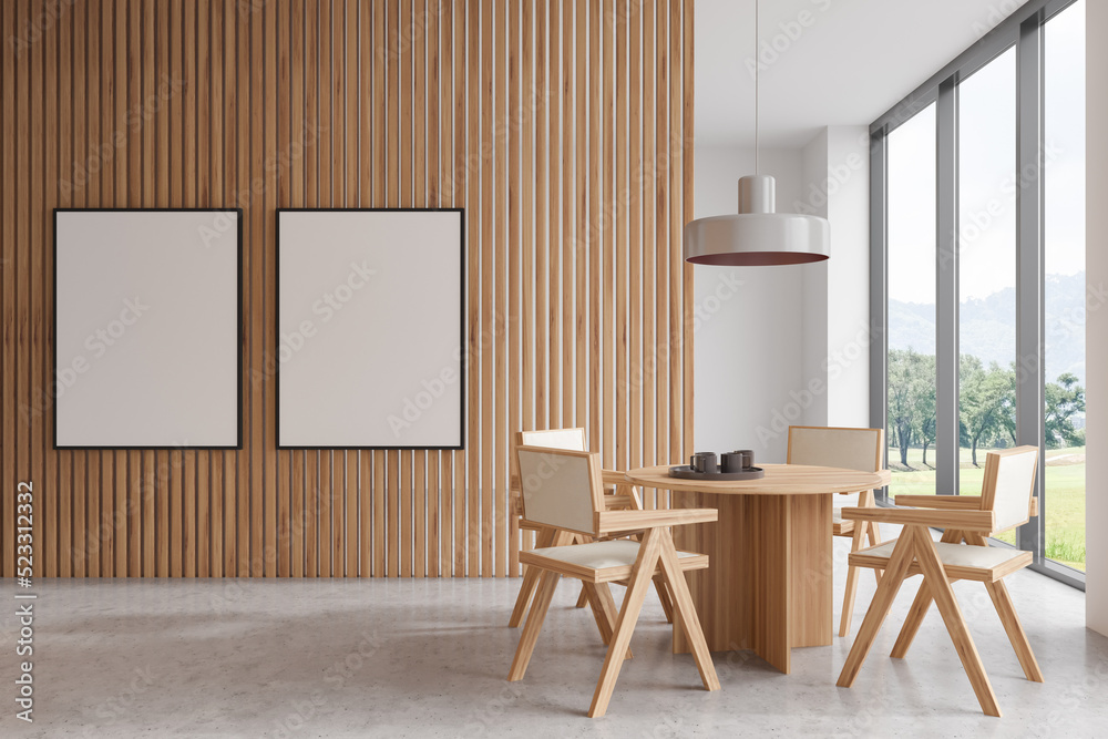 Light meeting room interior with seats and eating table, mockup frames Light meeting room interior with seats and eating table, mockup frames