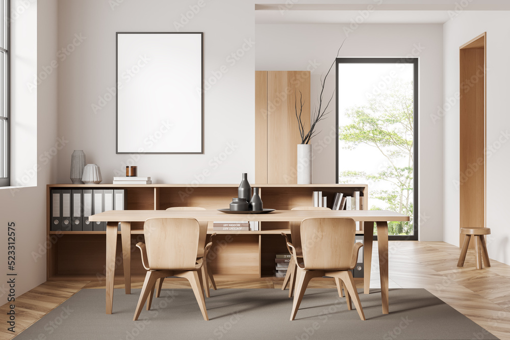 Fototapeta premium White office room interior with chairs and table, shelf and window. Mockup frame